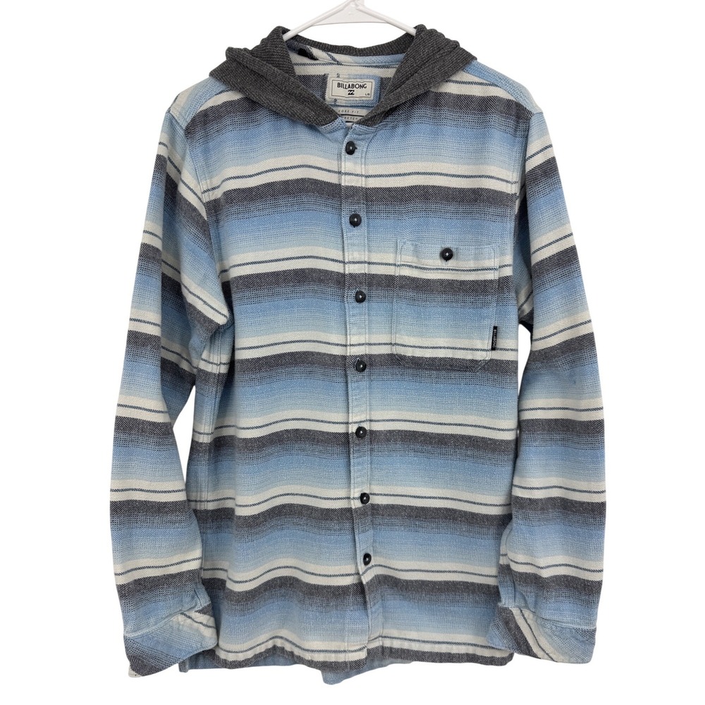 Billabong Mens Core Fit Hooded Flannel Shirt Blue Grey Striped Stretch Large